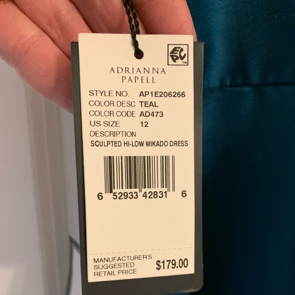 Beautiful Adrianna Papell Sculpted High-Low Mikado Dress, Teal Size 12 - Picture 6 of 7